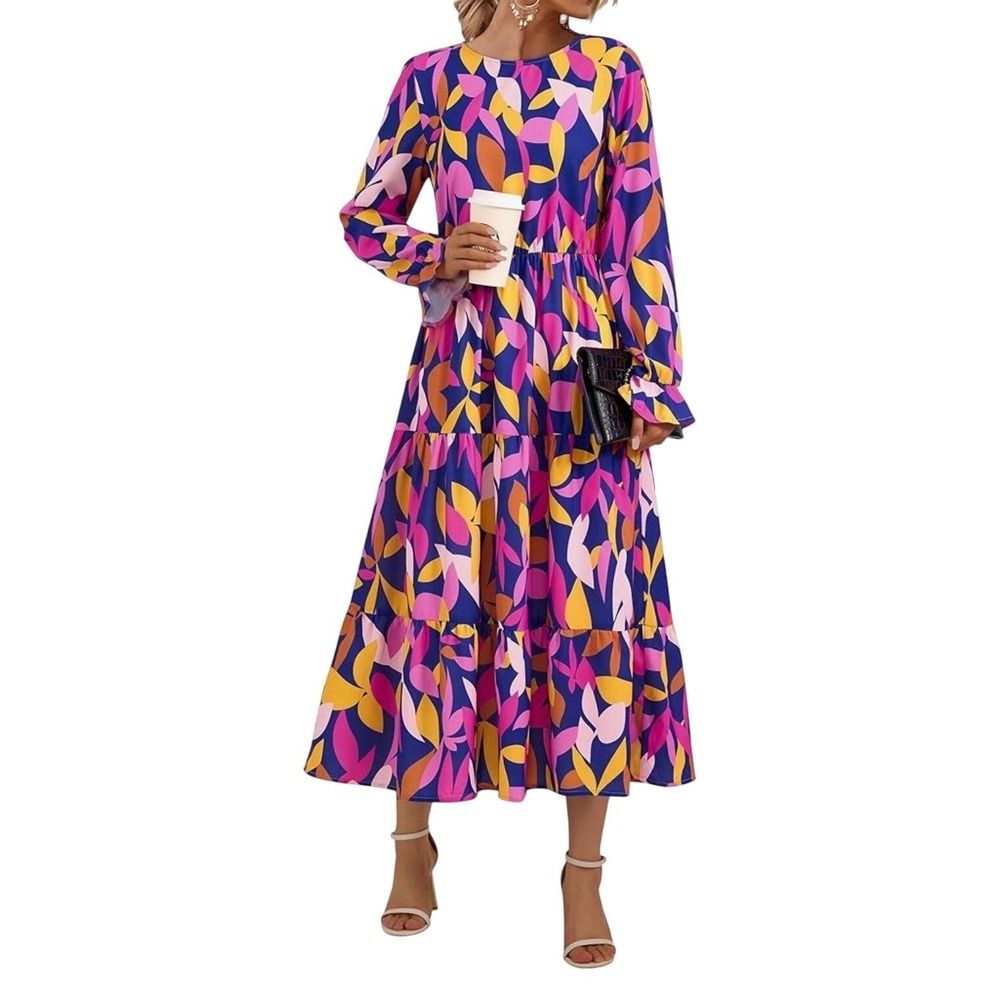 Women's Bright Boho Floral Print Long Sleeve Tiered Midi Dress Casual Small NWT